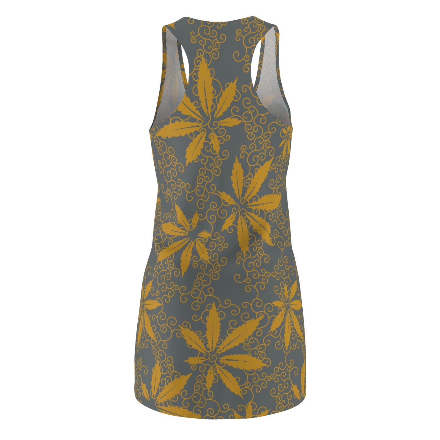 Cannabis Racerback Kleid Damen – Grau Gold Sommerkleid mit Hanfblättern