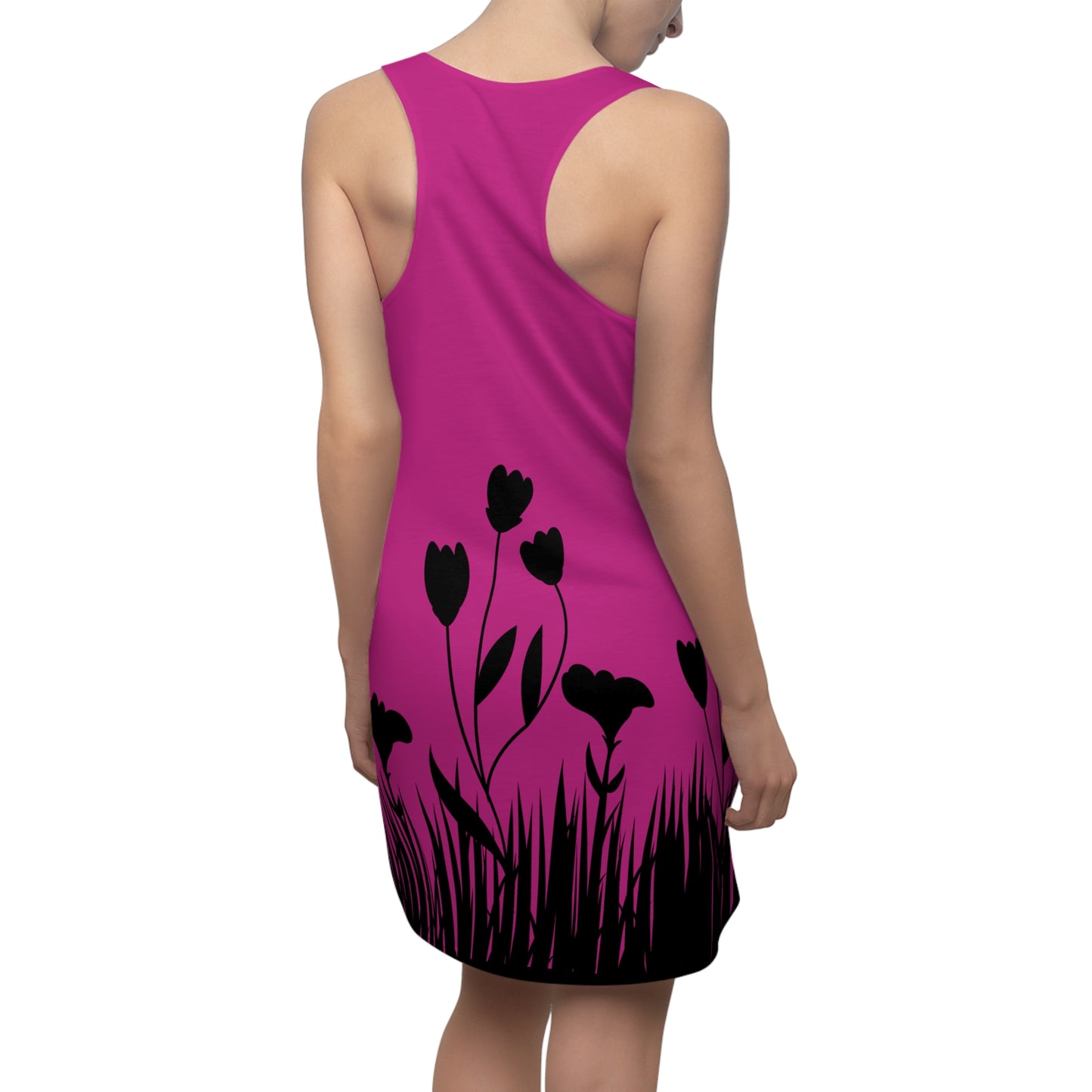 Blumensilhouette Racerback Kleid – Elegant Schwarz Pink