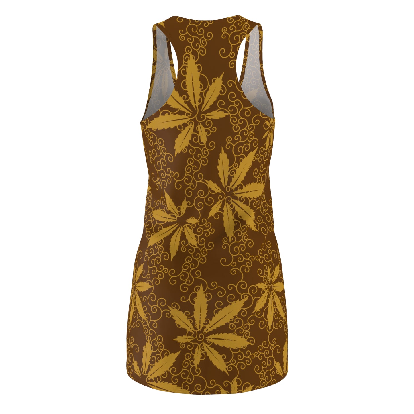 Cannabis Racerback Kleid Damen – Gold Sommerkleid mit Hanfblättern
