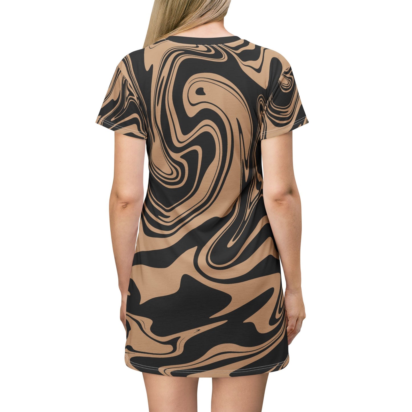 Schwarz Damen Kleid Marmor Print T-Shirt Sommer Casual Elegant