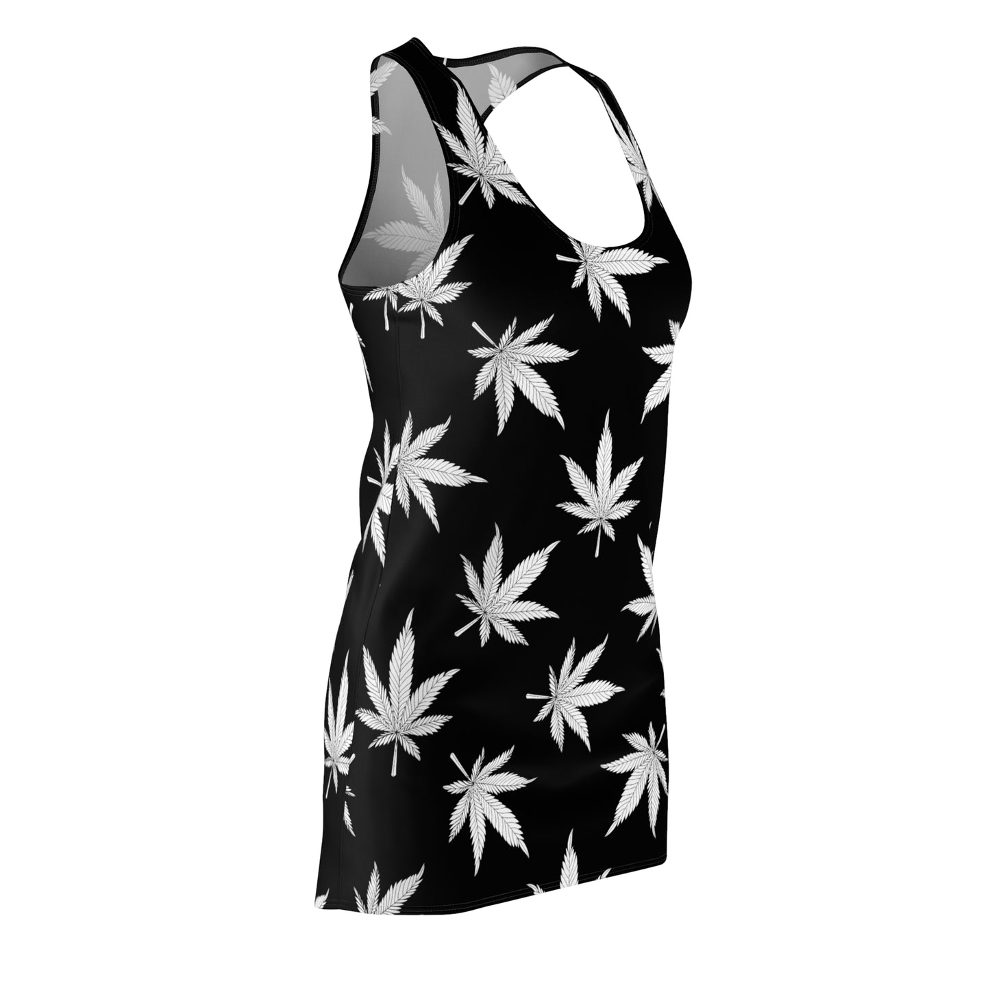 Cannabis Racerback Kleid Damen – Schwarzes Sommerkleid mit Hanfblättern
