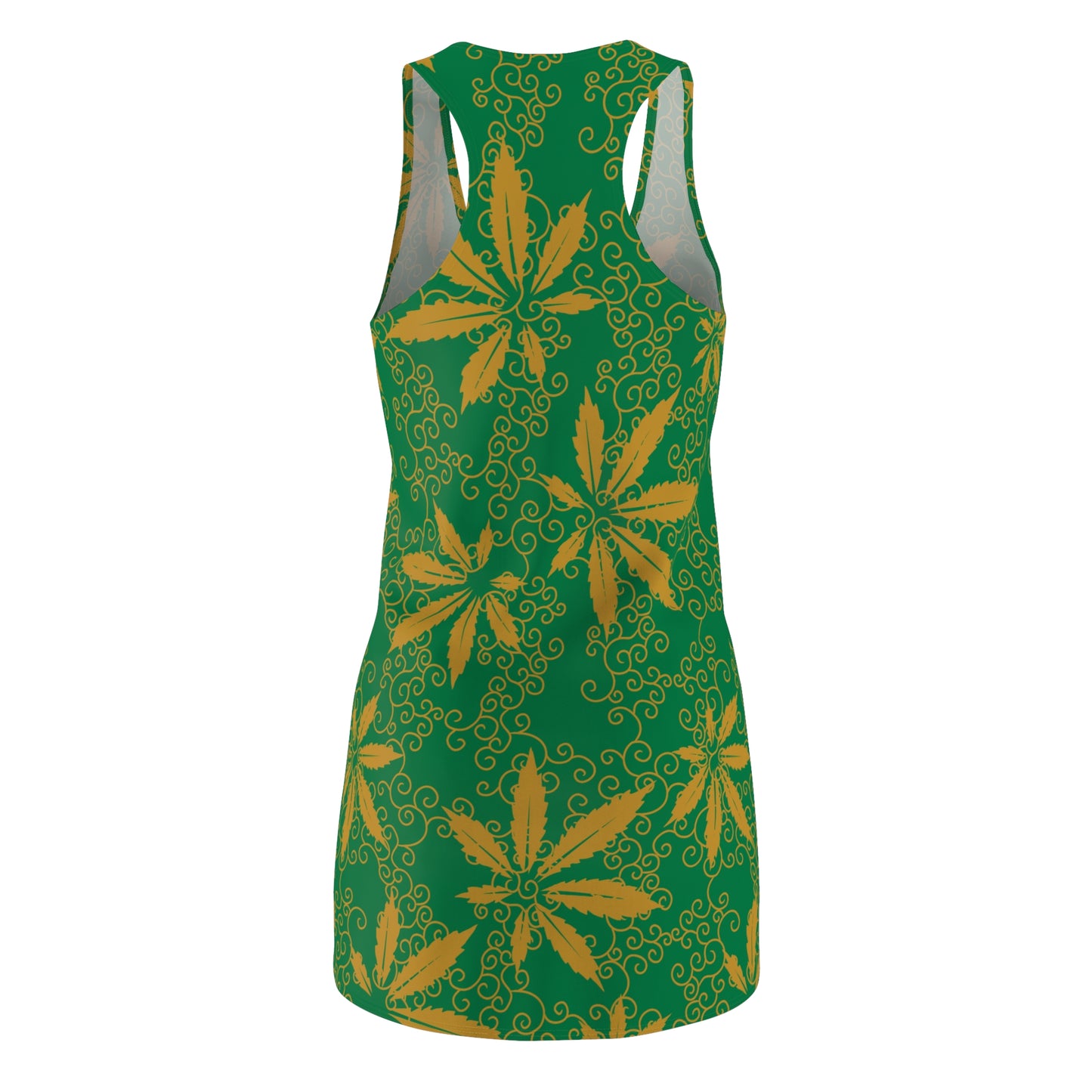 Cannabis Racerback Kleid Damen – grün Gold Sommerkleid mit Hanfblättern