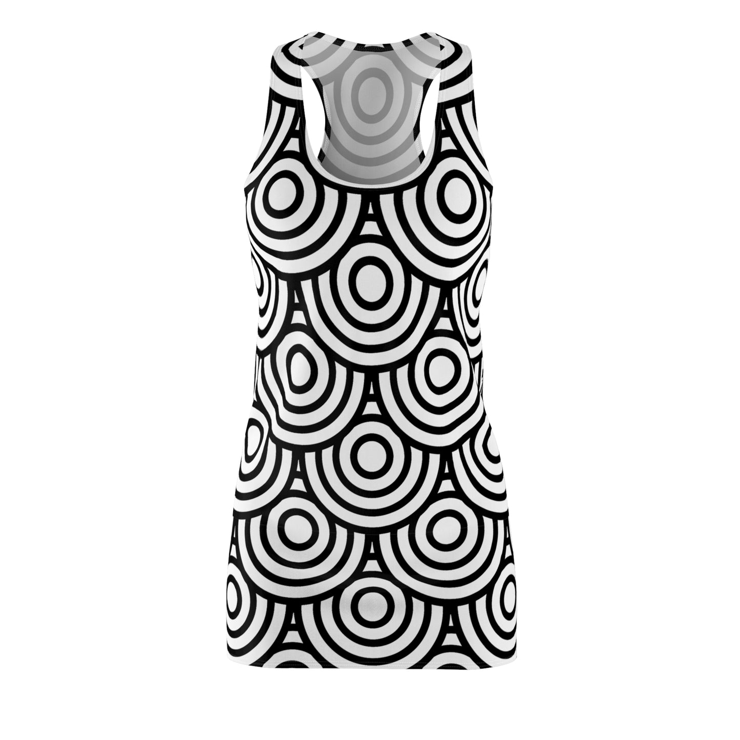 Schwarz-Weiß Kreis Muster Racerback Kleid – Modern & Stilvoll