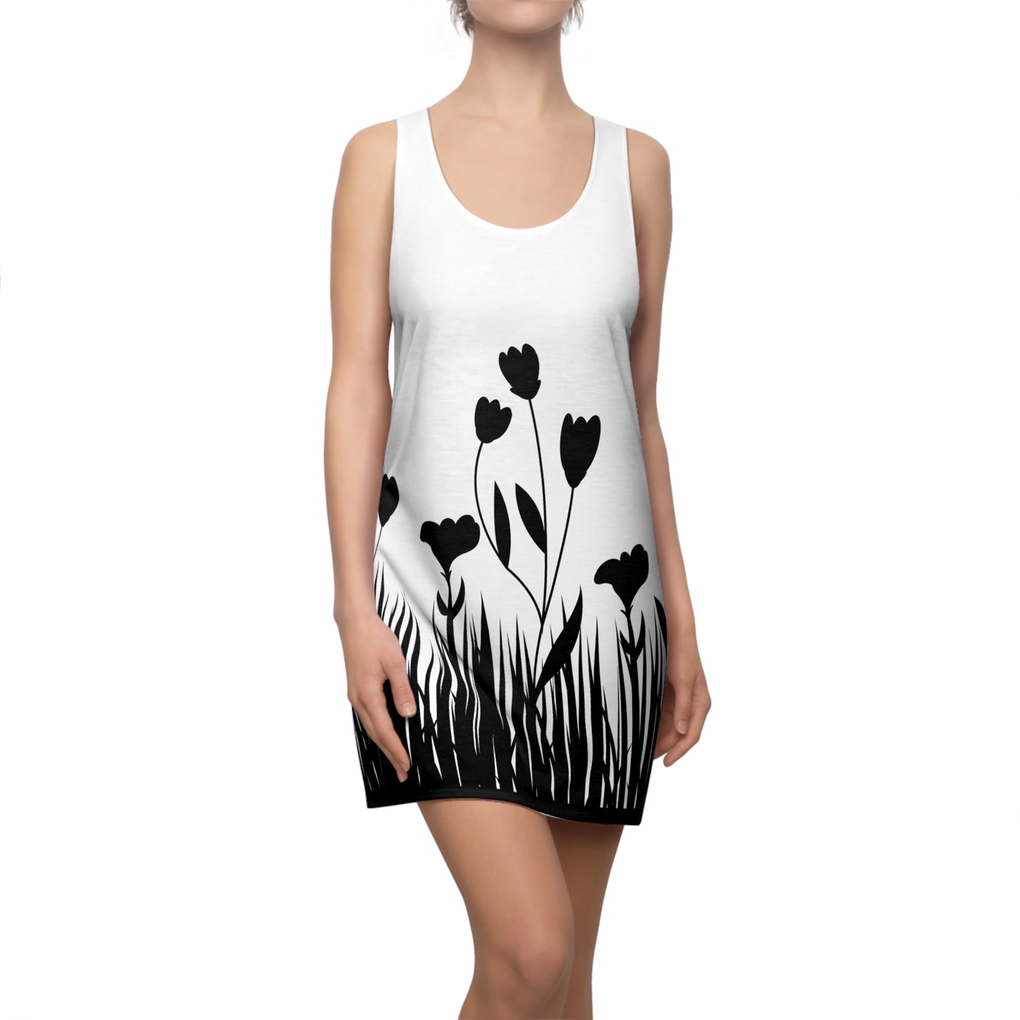 Blumensilhouette Racerback Kleid – Elegant Schwarz Weiß