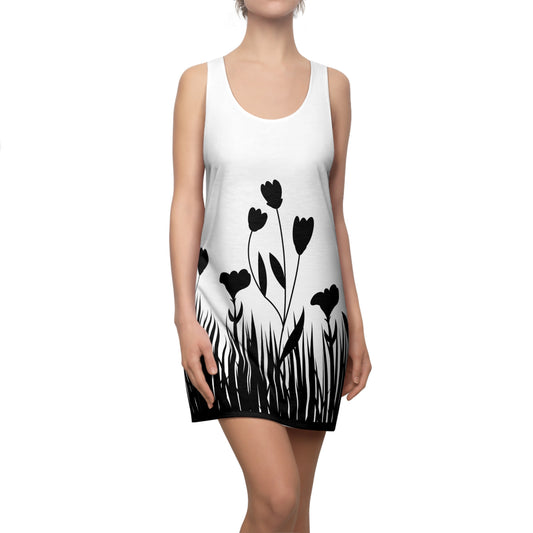 Blumensilhouette Racerback Kleid – Elegant Schwarz Weiß