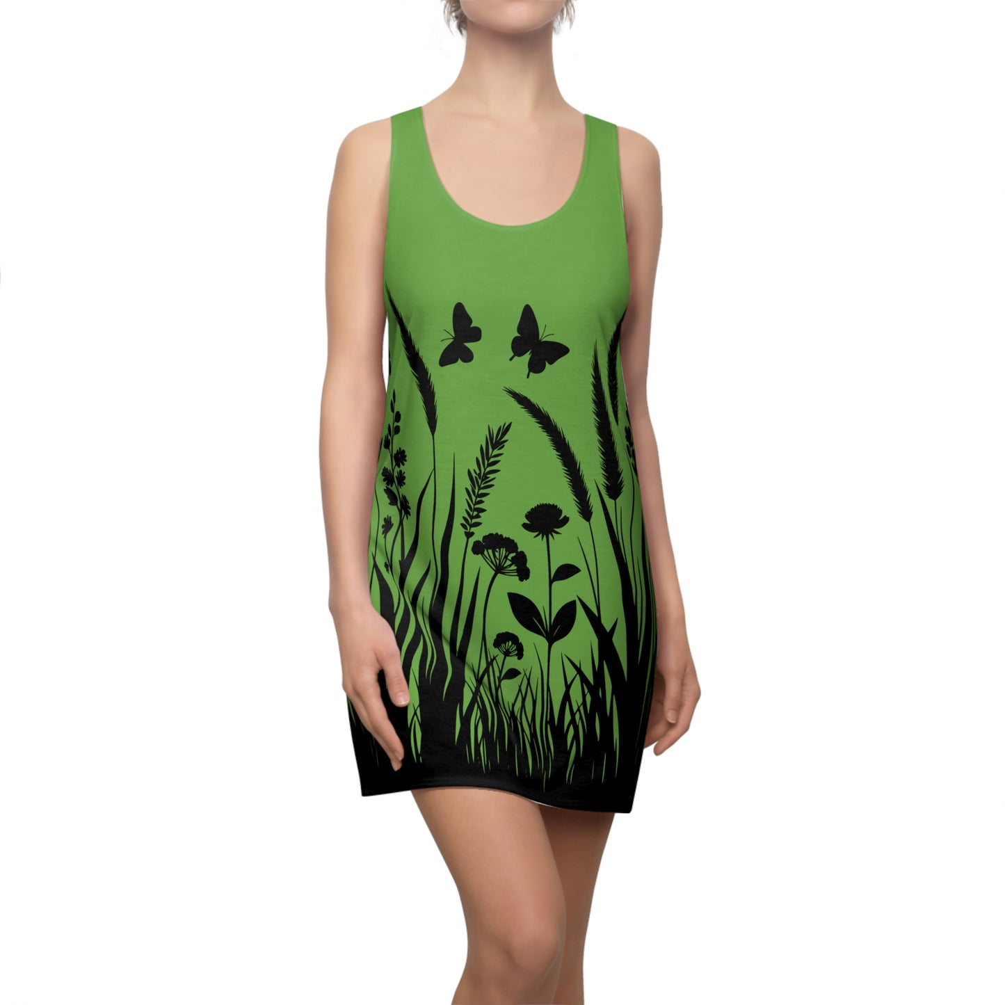 Grünes Naturmuster Racerback Kleid – Schmetterling & Blumen Design