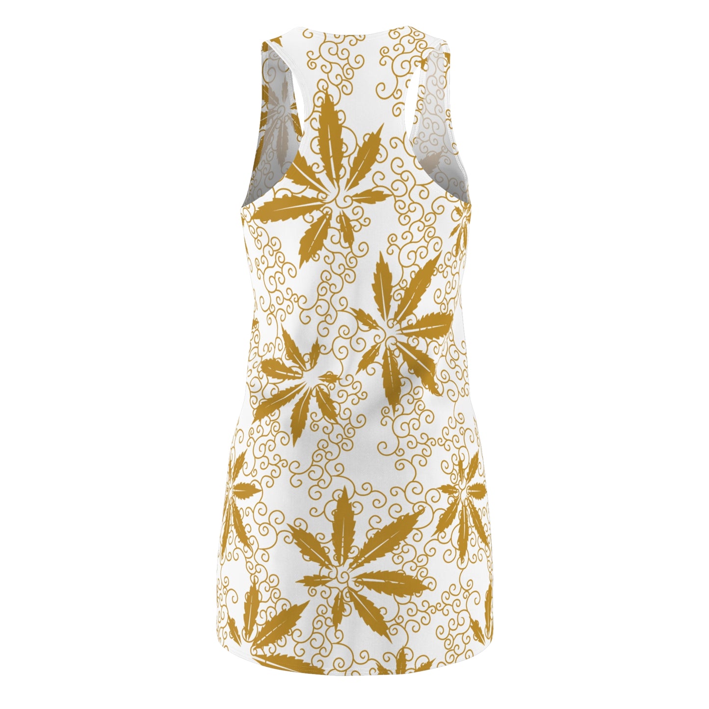 Cannabis Racerback Kleid Damen – Weiß Gold Sommerkleid mit Hanfblättern
