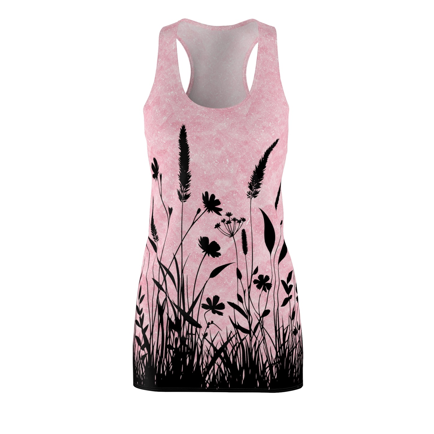 Racerback Kleid Damen – Rosa Sommerkleid mit Blumen und Gräsern