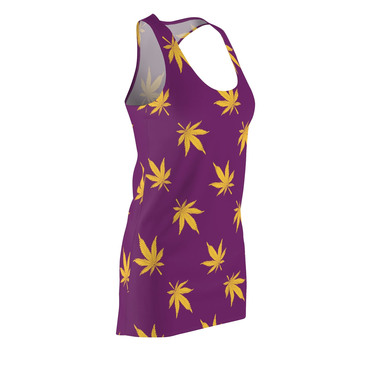 Damen Racerback Kleid Lila mit Cannabis Blattmuster – Sommer Freizeitkleid