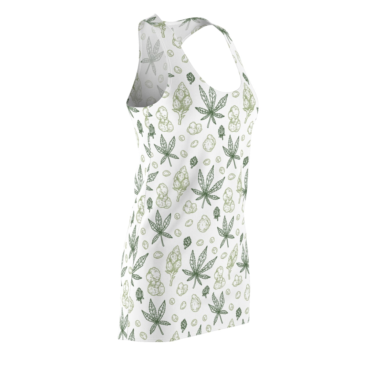Damen Racerback Kleid Weiß Grün mit Cannabis Blättern – Sommerkleid