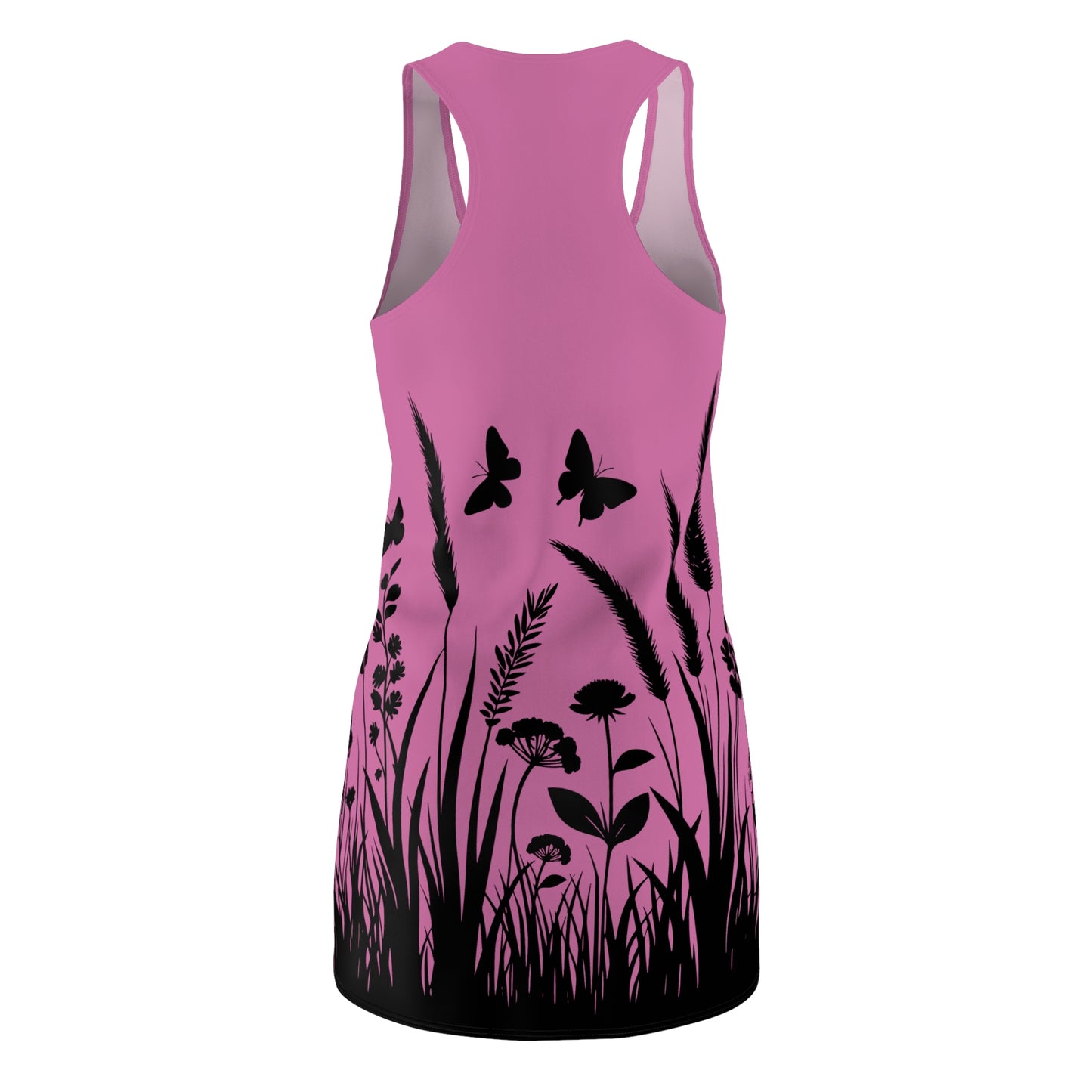 Rosanes Naturmuster Racerback Kleid – Schmetterling & Blumen Design