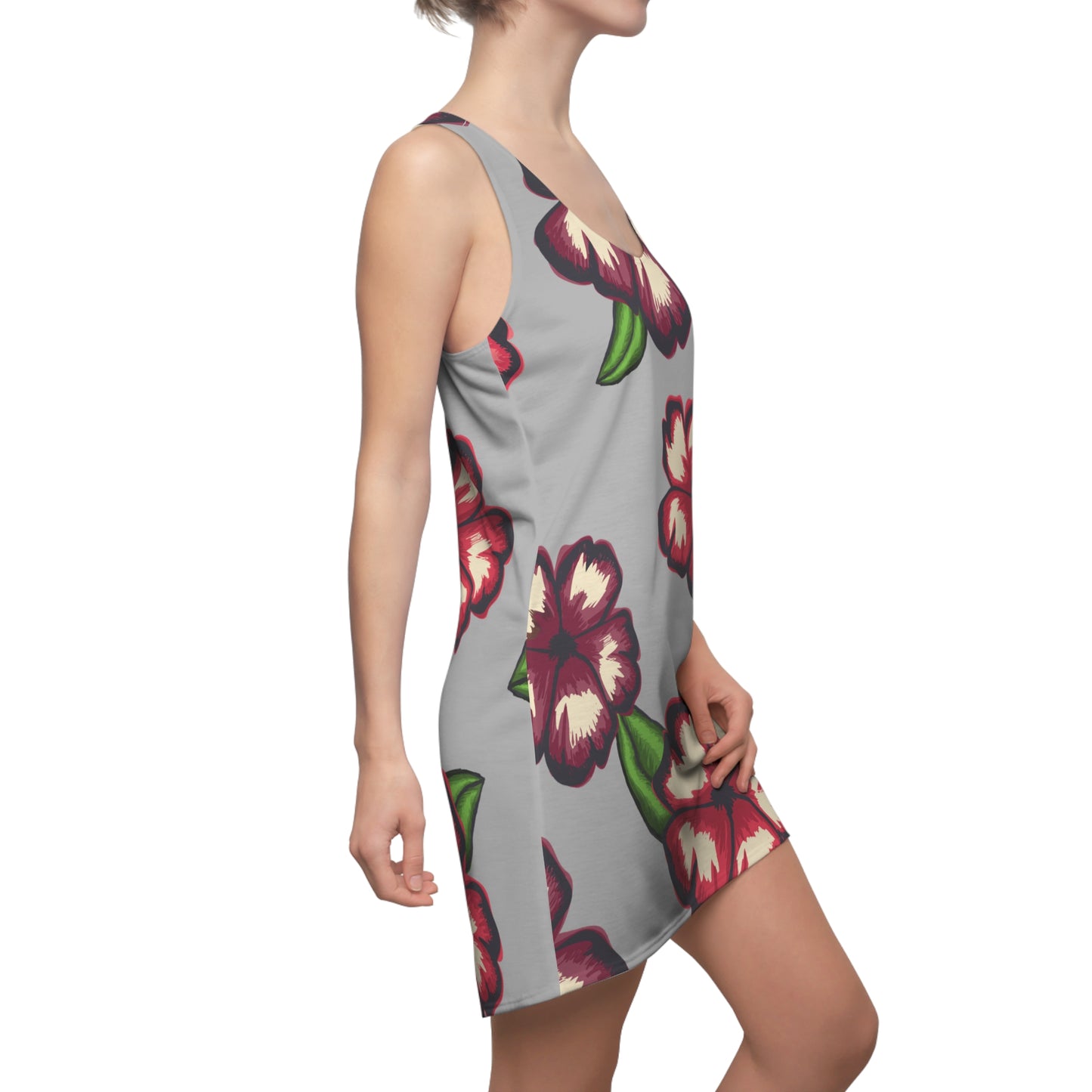 Graues Hibiskus Racerback Kleid – Stylishes Sommerkleid