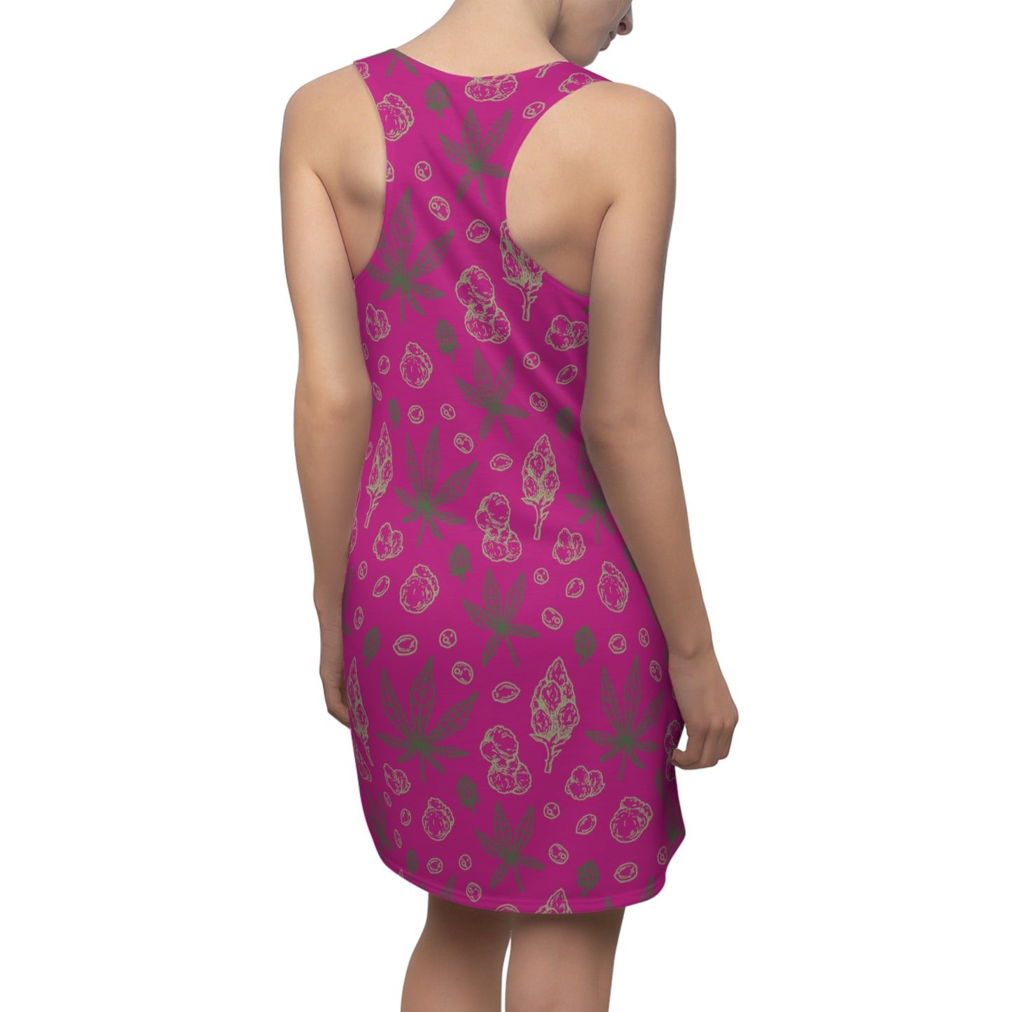 Damen Racerback Kleid Pink mit Cannabis Blättern – Sommerkleid