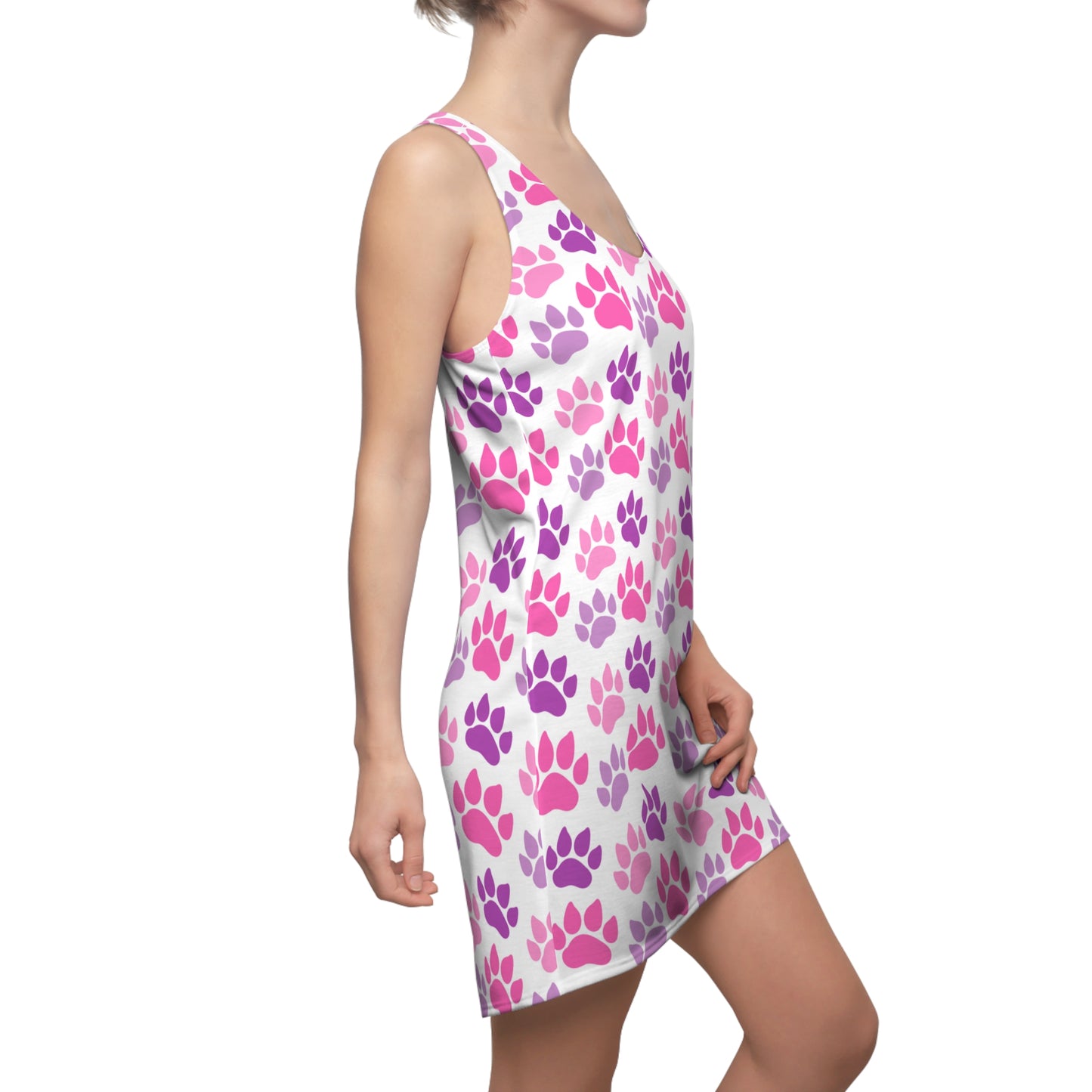 Racerback Kleid Damen – Weißes Sommerkleid mit pinken Pfotenmustern