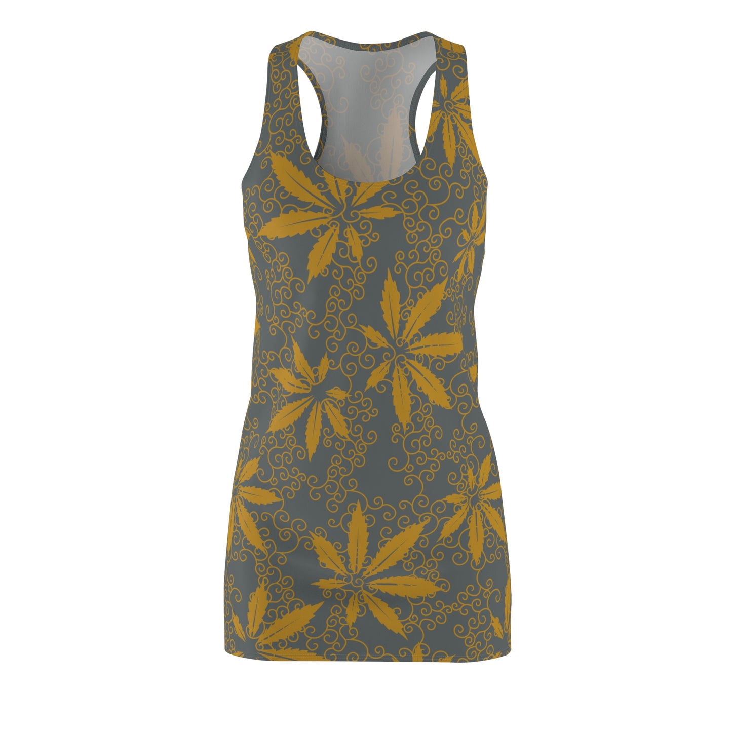Cannabis Racerback Kleid Damen – Grau Gold Sommerkleid mit Hanfblättern