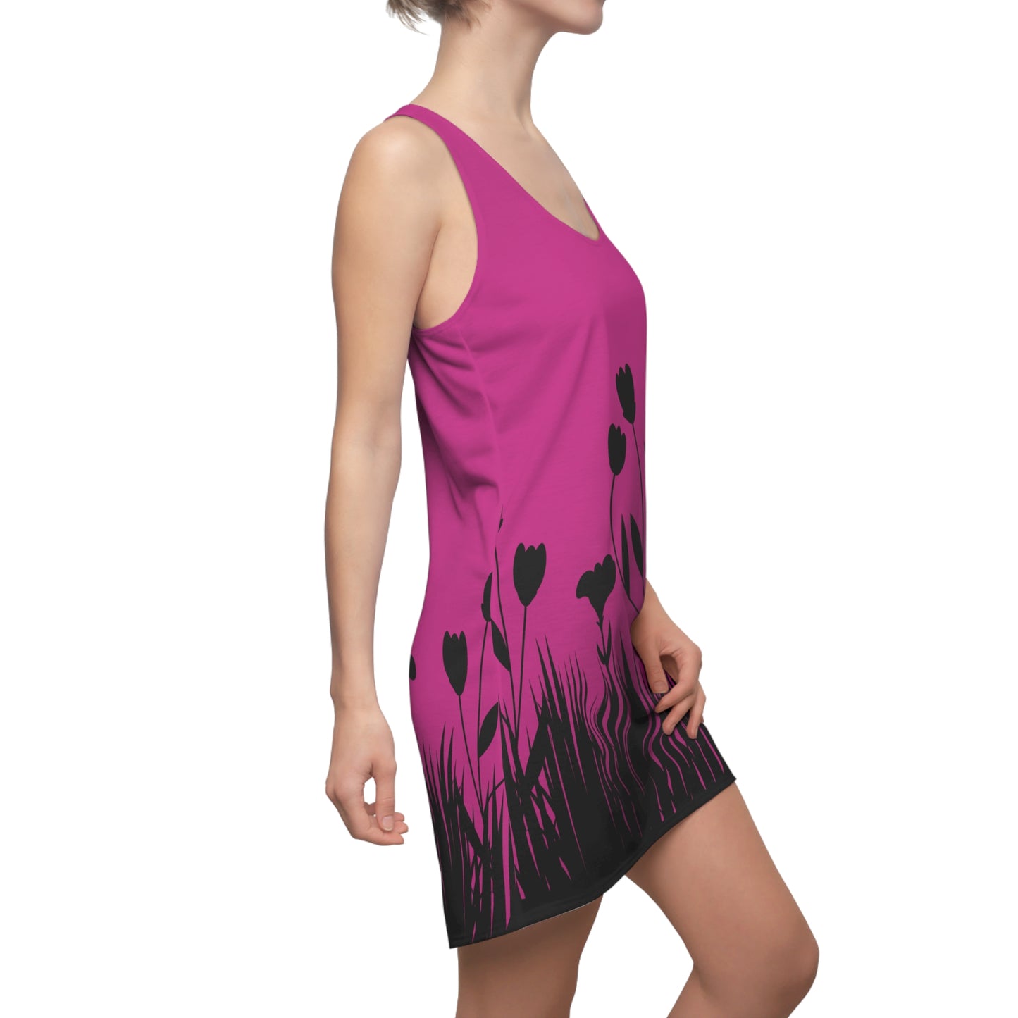 Blumensilhouette Racerback Kleid – Elegant Schwarz Pink