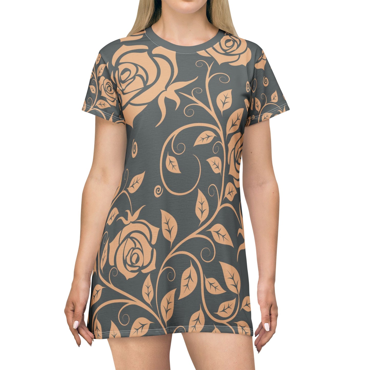 Dunkelgrauer Damen Kleid Blumen T Shirt Style Sommer Boho Casual