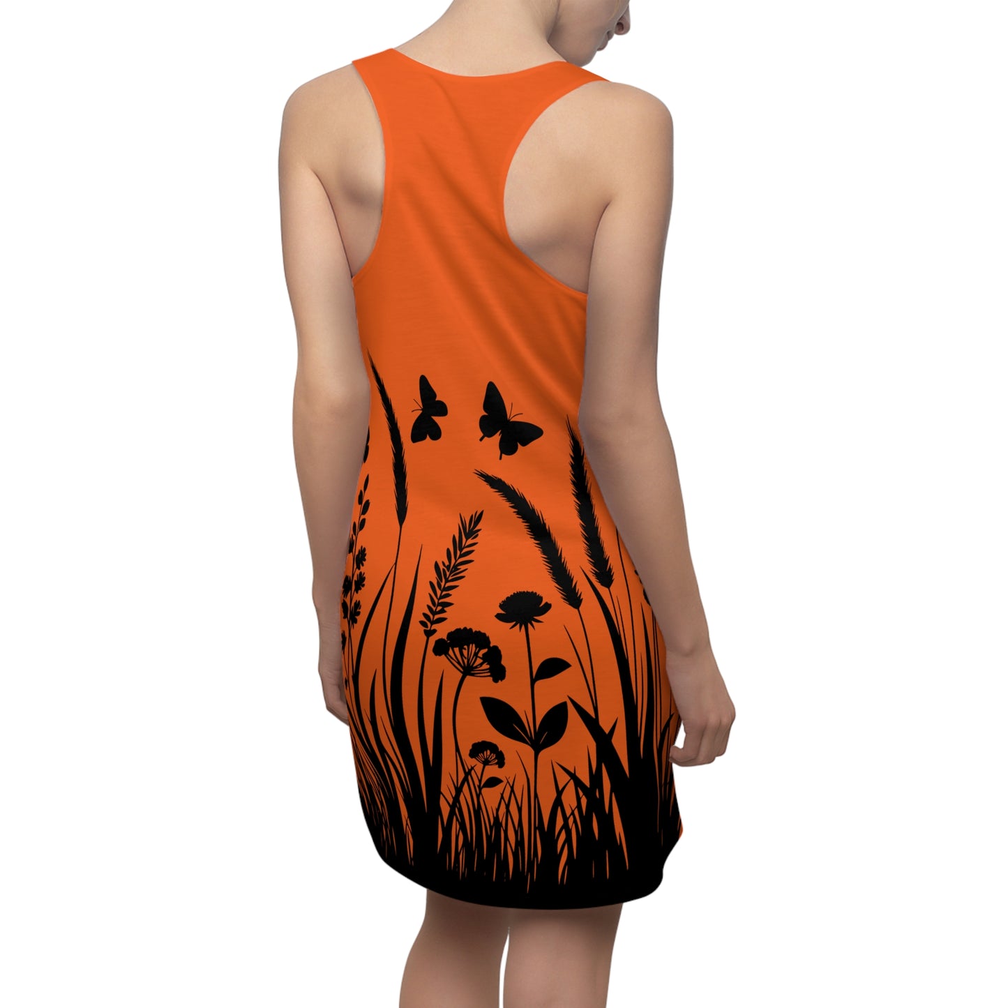 Oranges Naturmuster Racerback Kleid – Schmetterling & Blumen Design