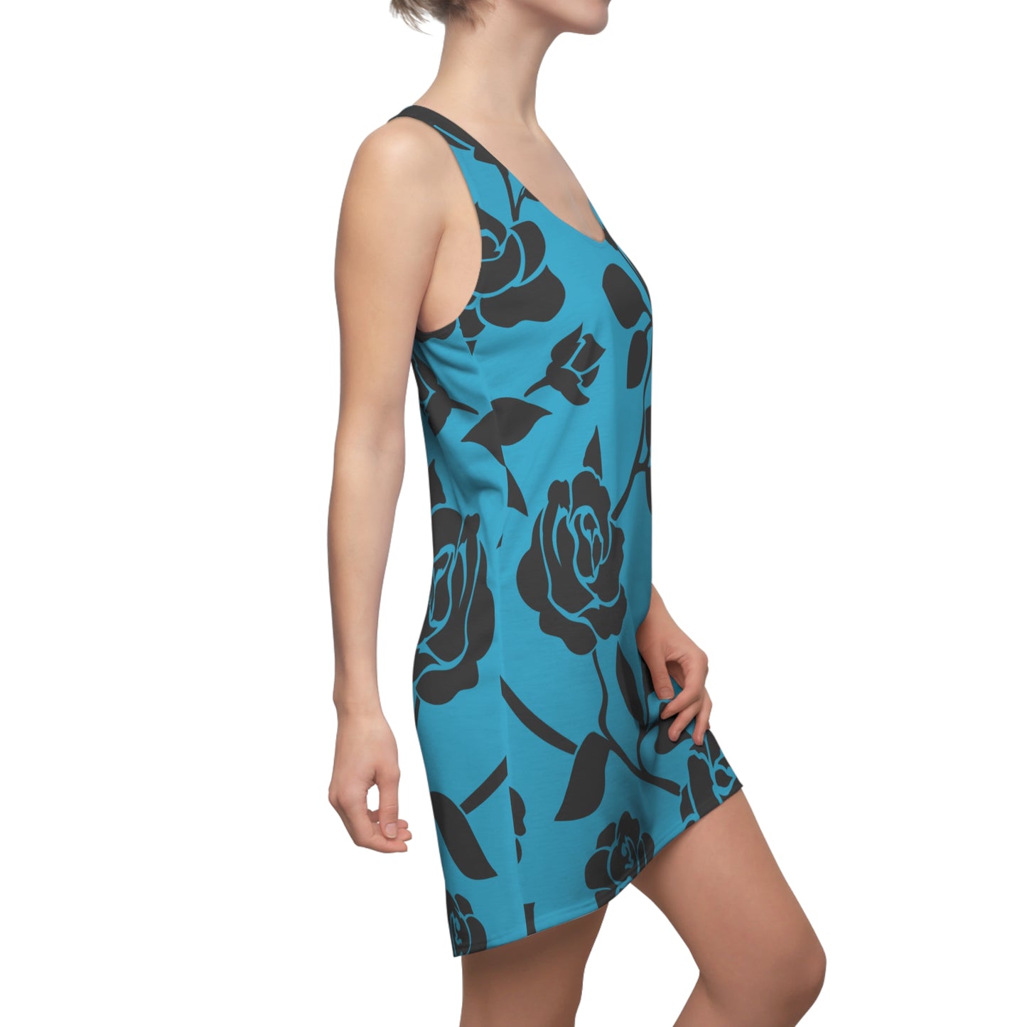 Rosen Racerback Kleid – Elegant Schwarz Türkis Design