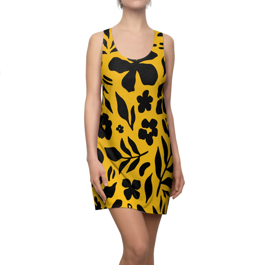 Schwarz Gelb Floral Racerback Kleid – Sommer Damenmode