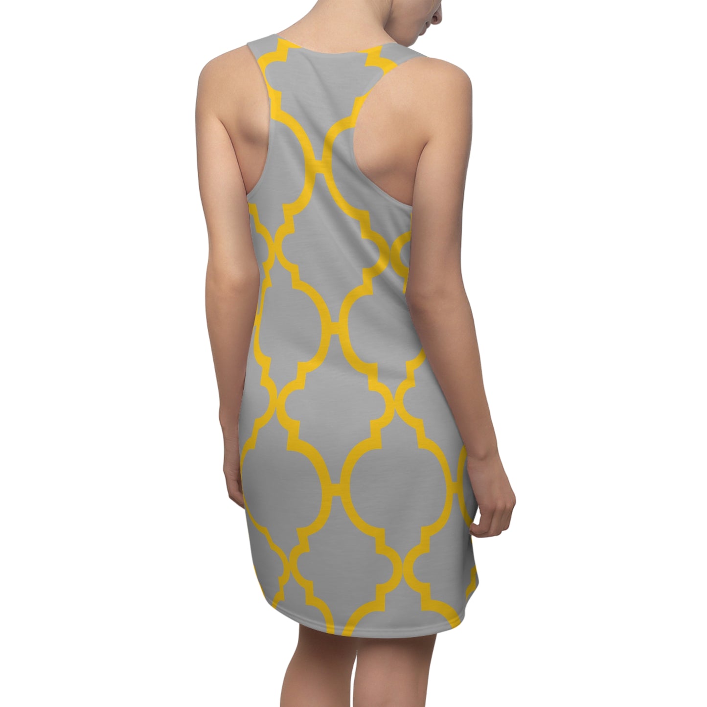Graues Racerback Kleid mit gelbem Ornamentmuster