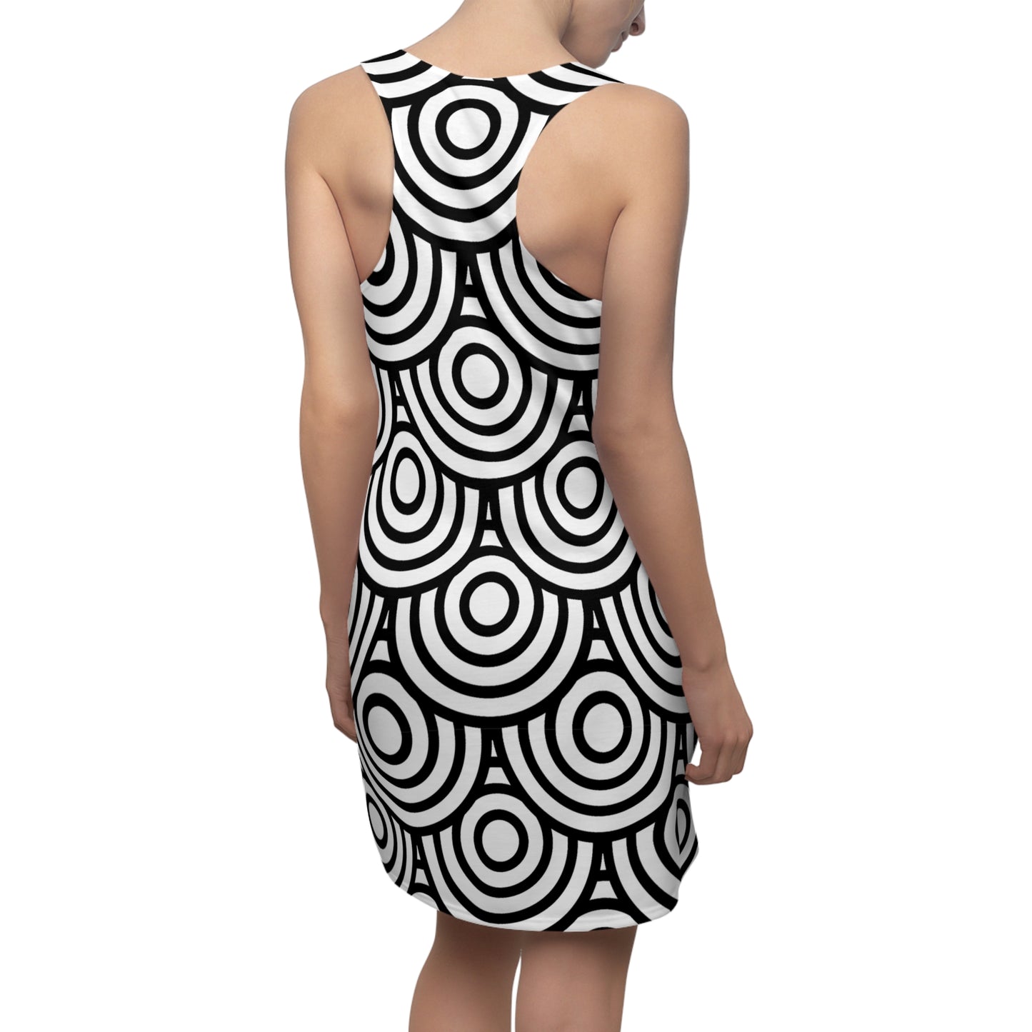 Schwarz-Weiß Kreis Muster Racerback Kleid – Modern & Stilvoll