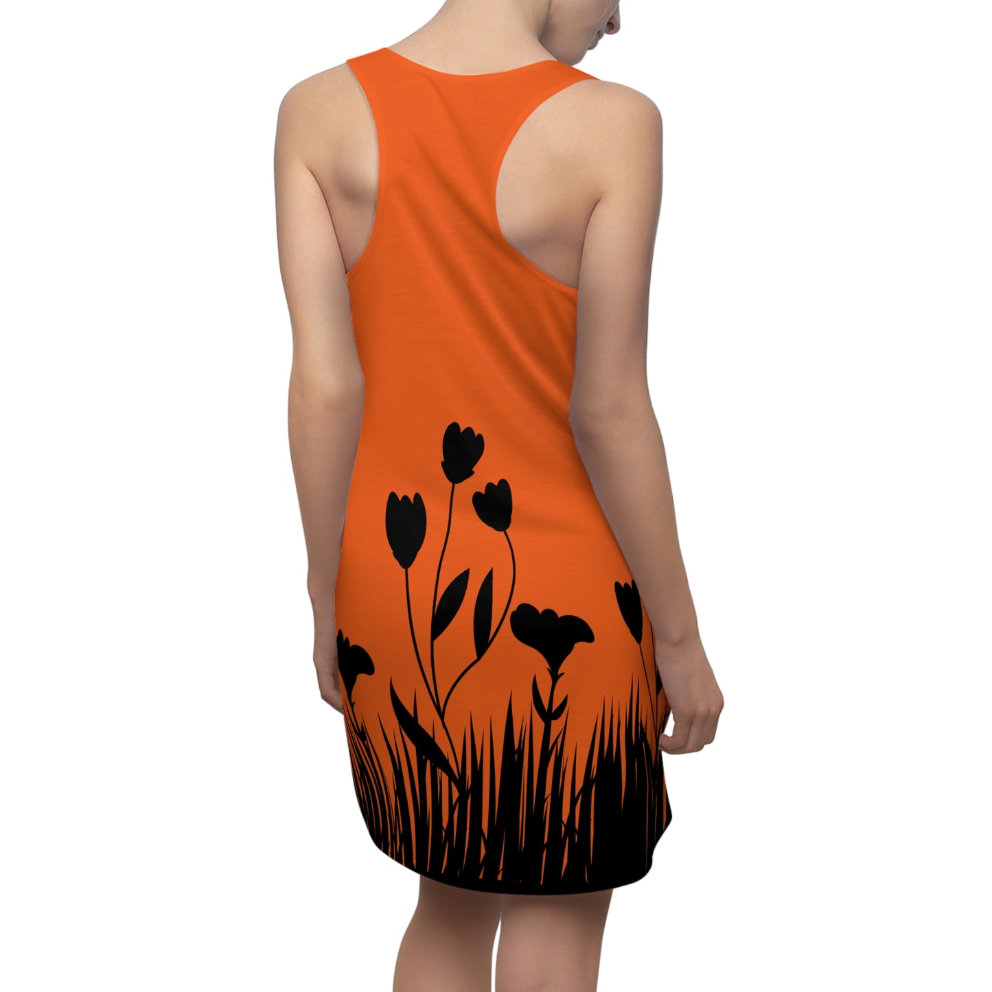 Blumensilhouette Racerback Kleid – Elegant Schwarz Orange