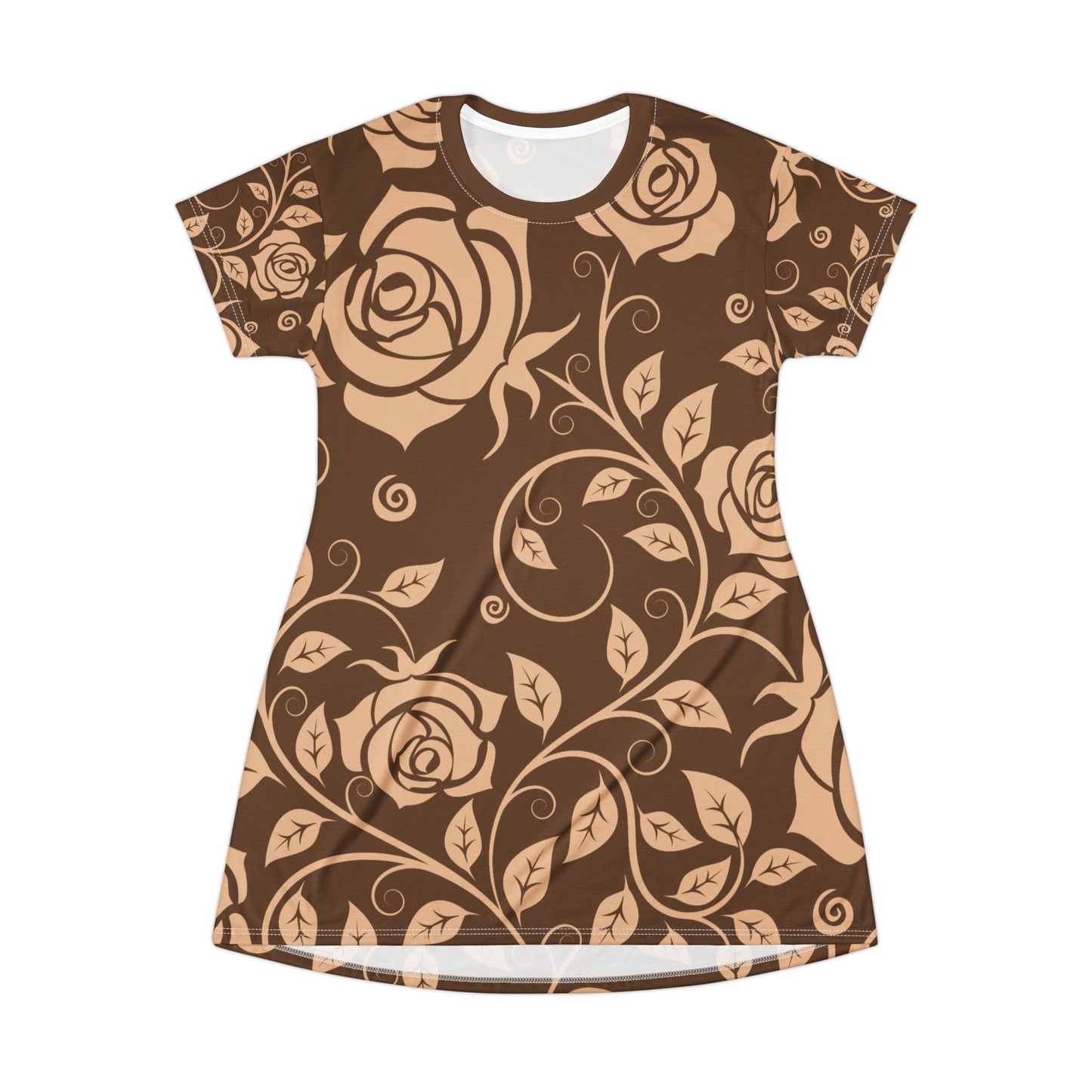 Brauner Damen Kleid Blumen T Shirt Style Sommer Boho Casual