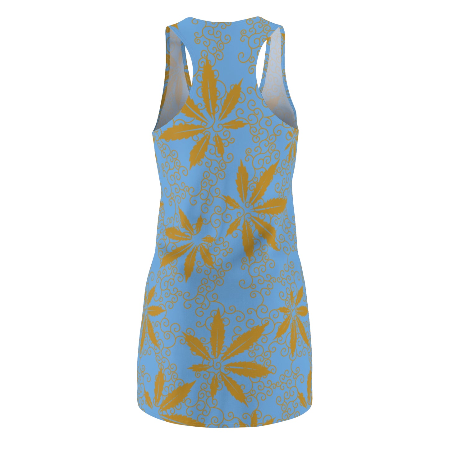Cannabis Racerback Kleid Damen – blau Gold Sommerkleid mit Hanfblättern