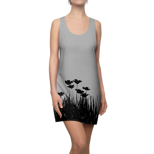 Grau Racerback Damenkleid – Botanisches Sommerkleid, Freizeitkleid