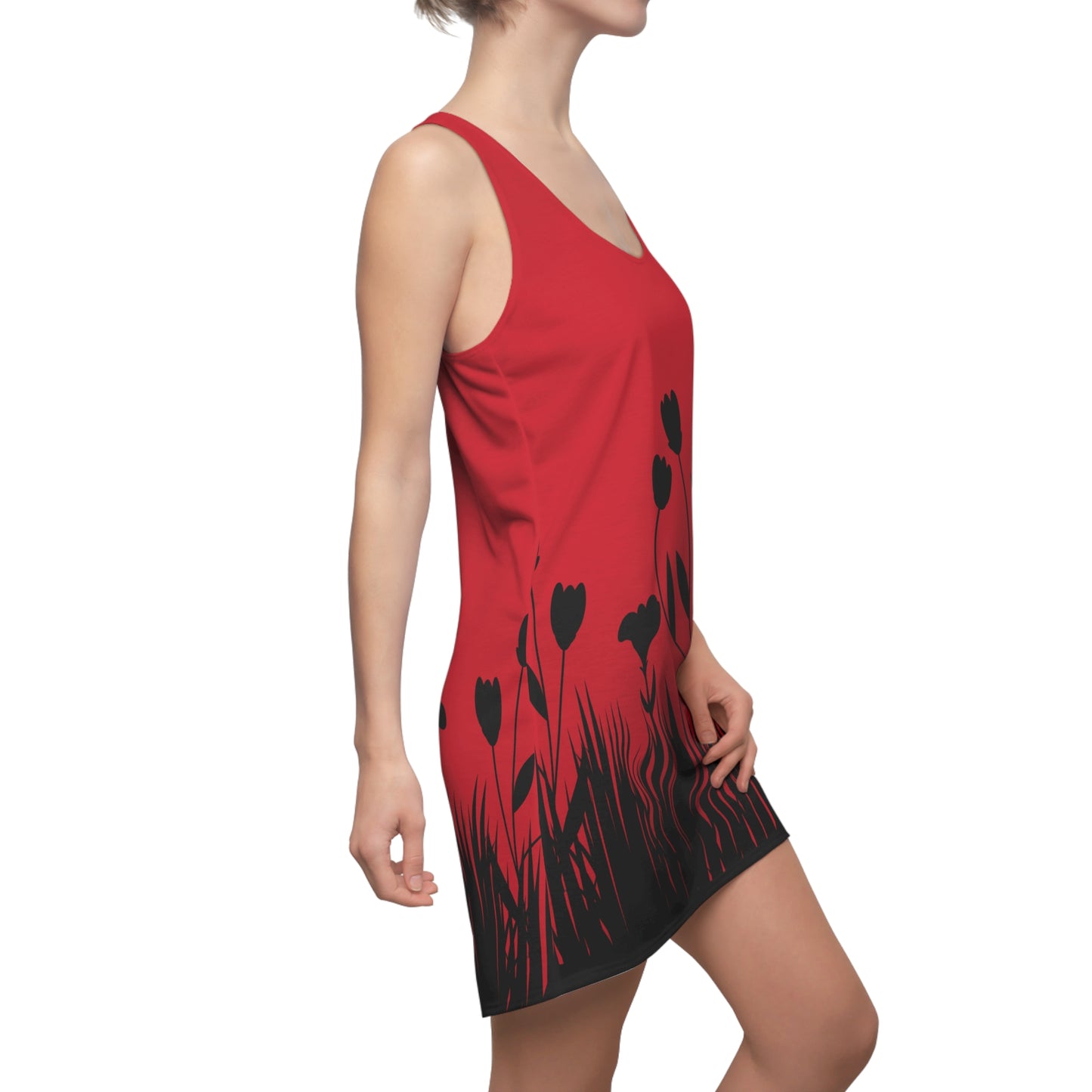 Blumensilhouette Racerback Kleid – Elegant Schwarz Dunkelrot