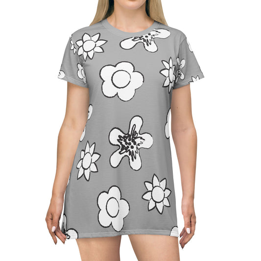 Graues Damen Kleid Floral T-Shirt Sommer Boho Casual Premium