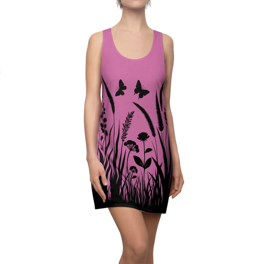 Rosanes Naturmuster Racerback Kleid – Schmetterling & Blumen Design