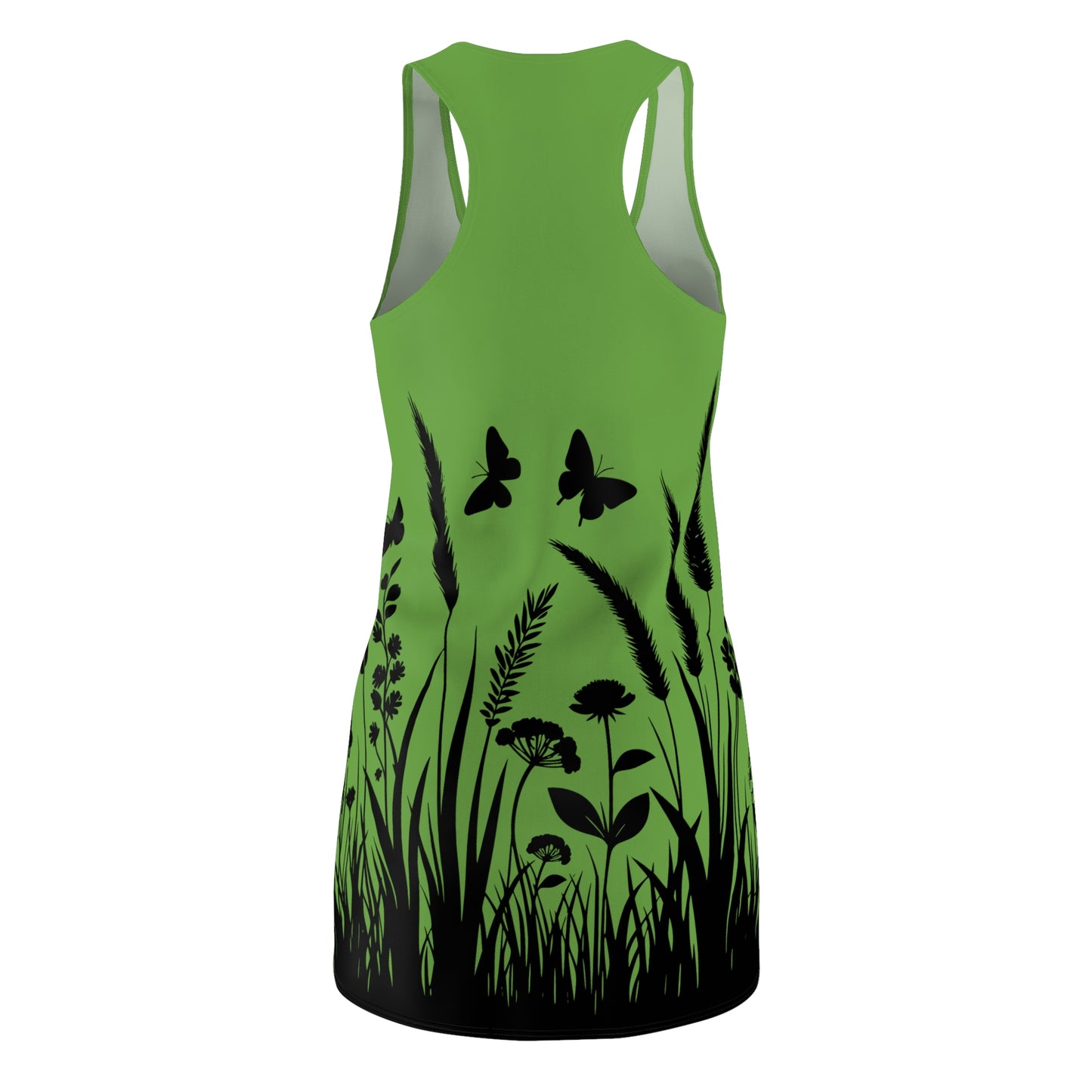 Grünes Naturmuster Racerback Kleid – Schmetterling & Blumen Design