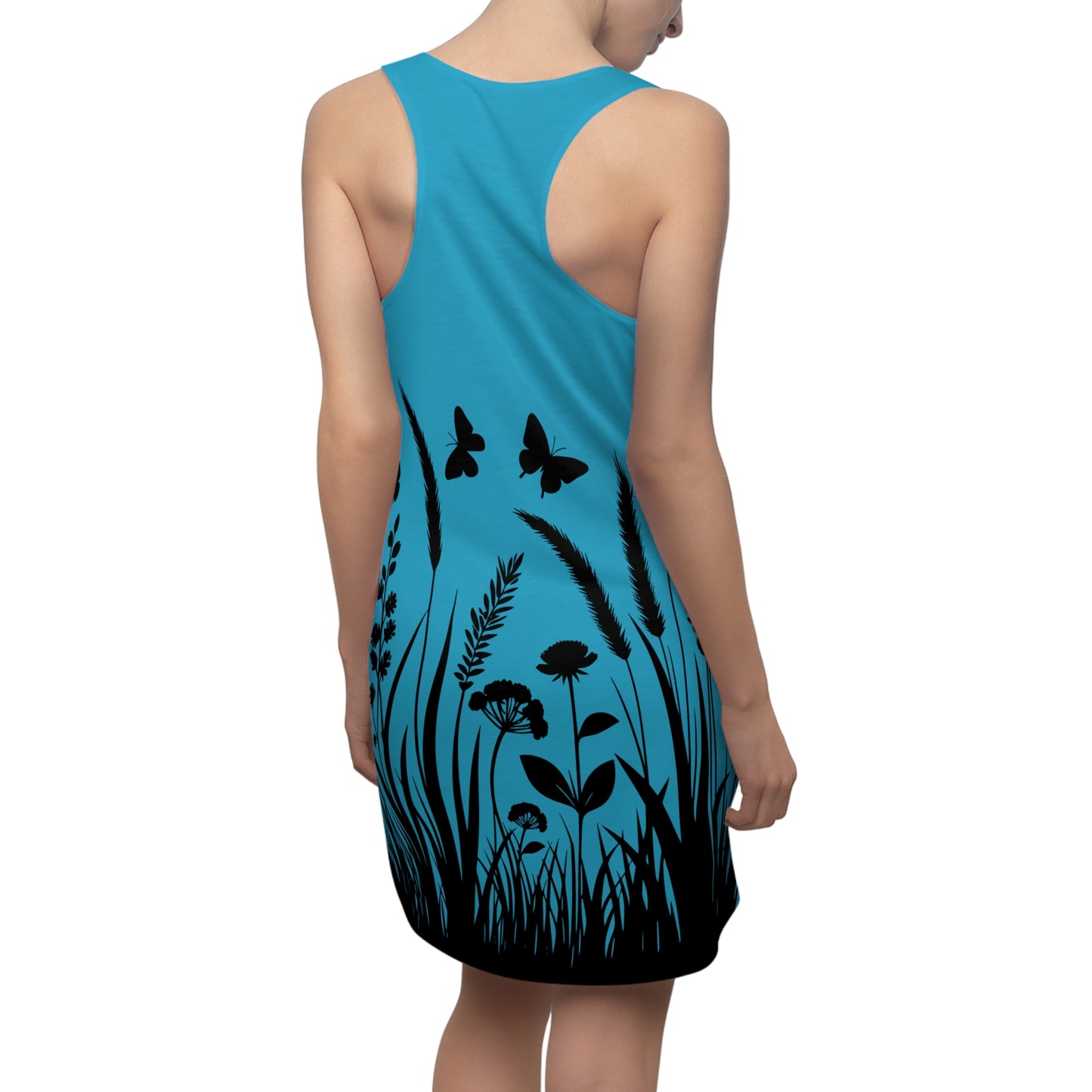 Türkises Naturmuster Racerback Kleid – Schmetterling & Blumen Design