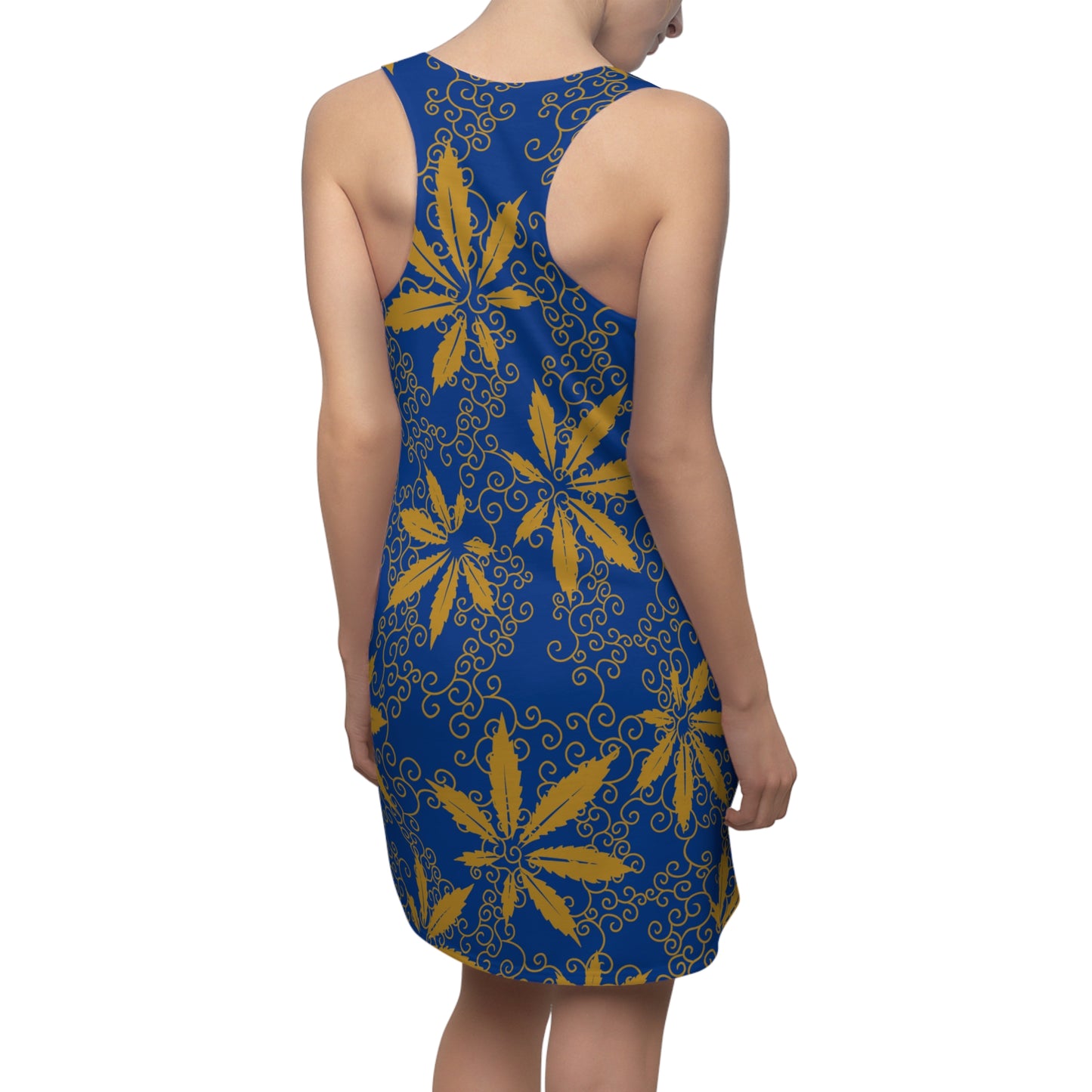 Cannabis Racerback Kleid Damen – Blau Gold Sommerkleid mit Hanfblättern