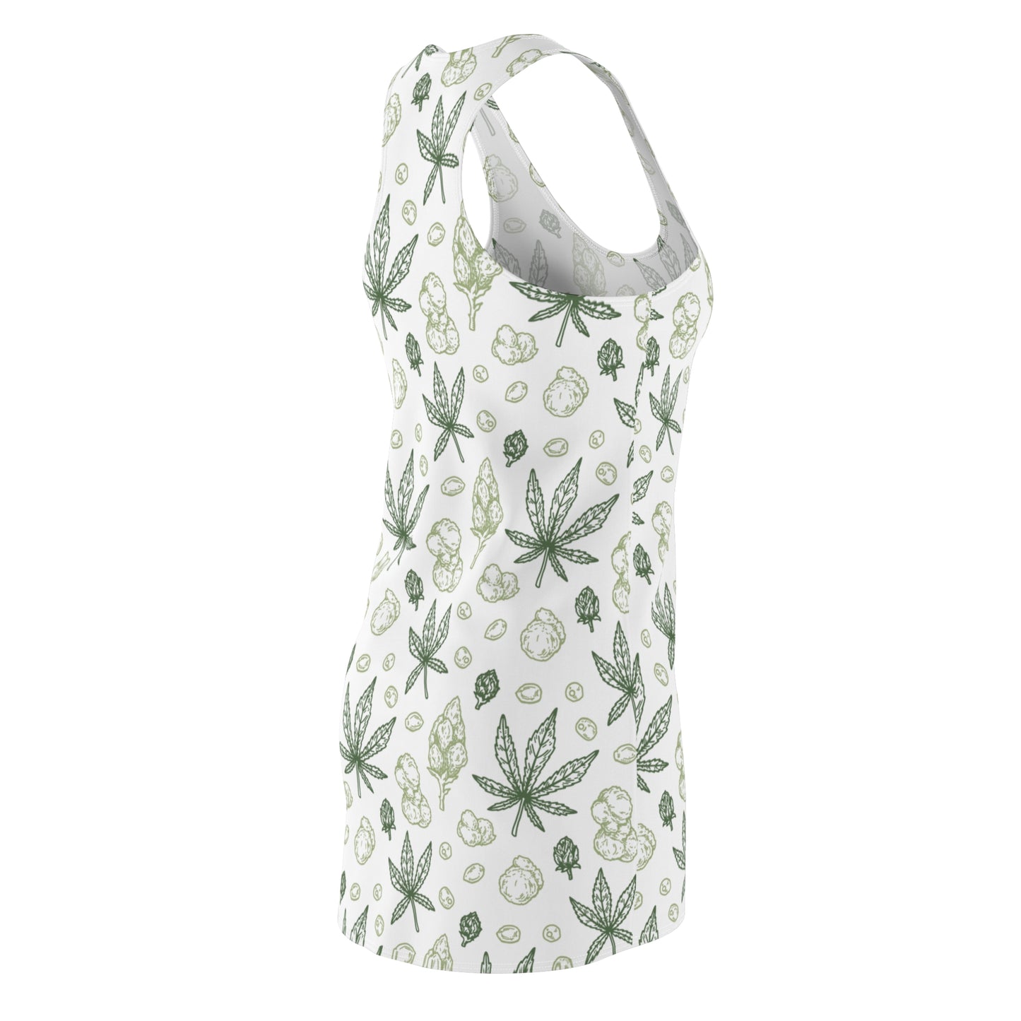 Damen Racerback Kleid Weiß Grün mit Cannabis Blättern – Sommerkleid
