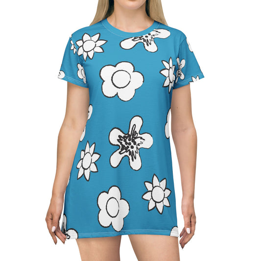 Türkises Damen Kleid Floral T-Shirt Sommer Boho Casual Premium