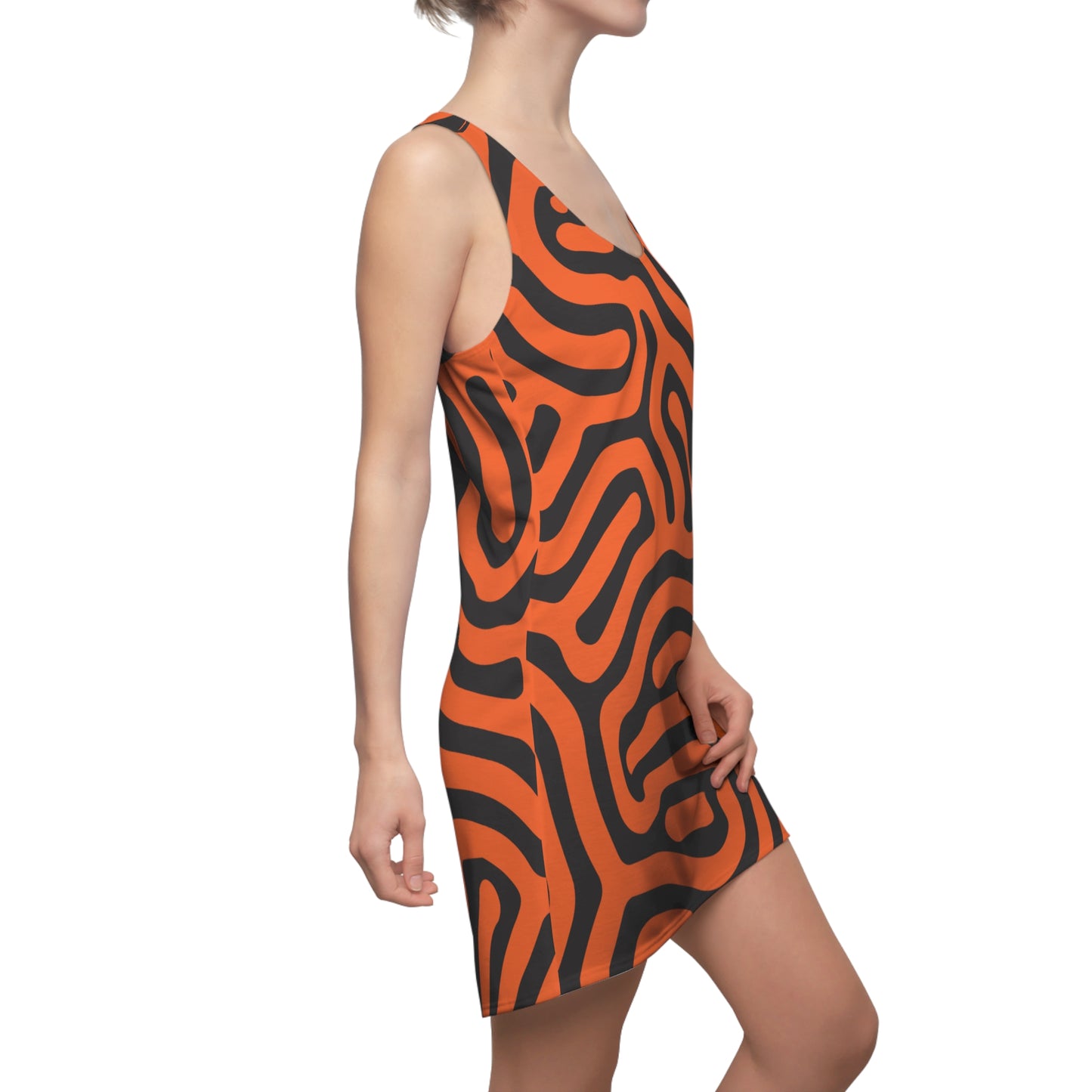 Abstrakt Racerback Kleid – Schwarz Orange Damenmode