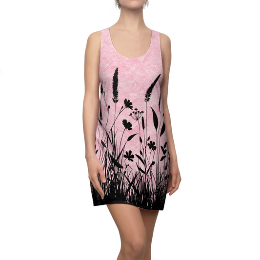 Racerback Kleid Damen – Rosa Sommerkleid mit Blumen und Gräsern