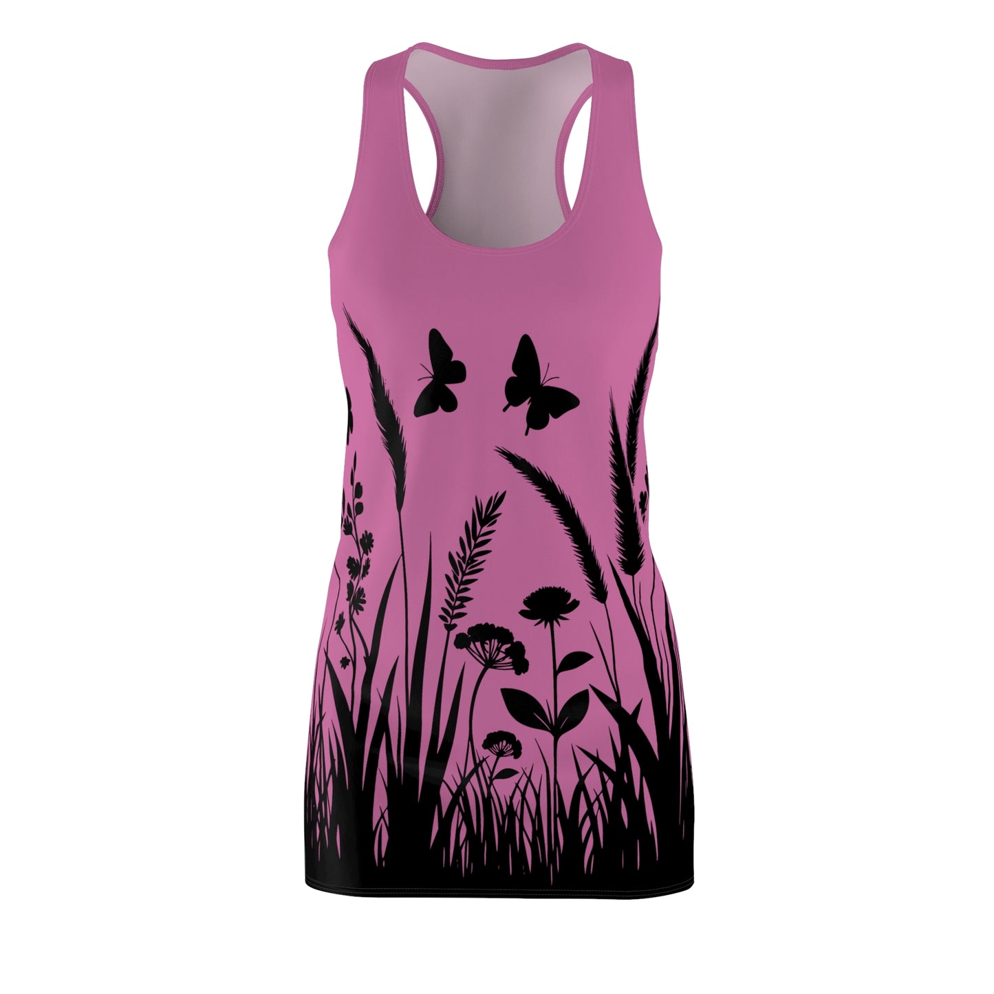 Rosanes Naturmuster Racerback Kleid – Schmetterling & Blumen Design