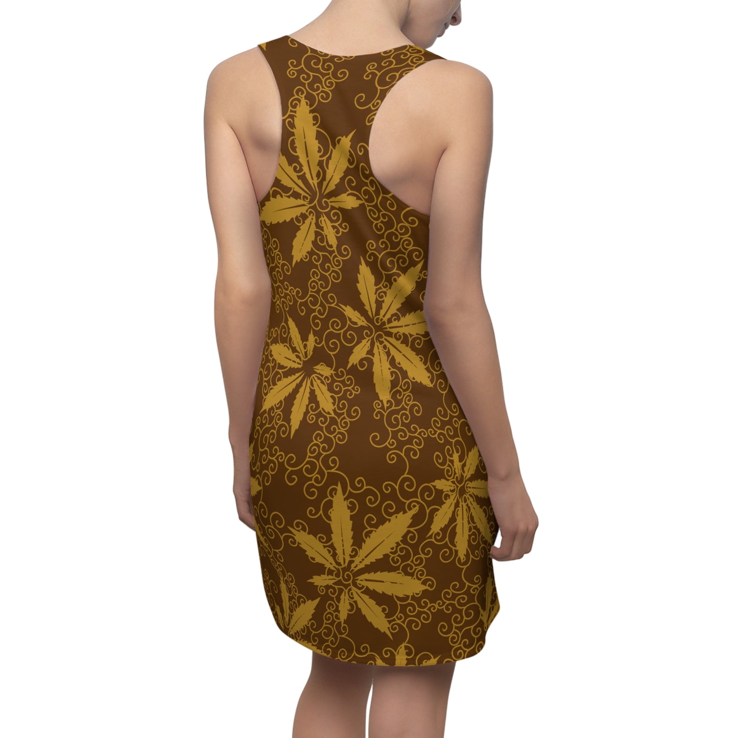 Cannabis Racerback Kleid Damen – Gold Sommerkleid mit Hanfblättern