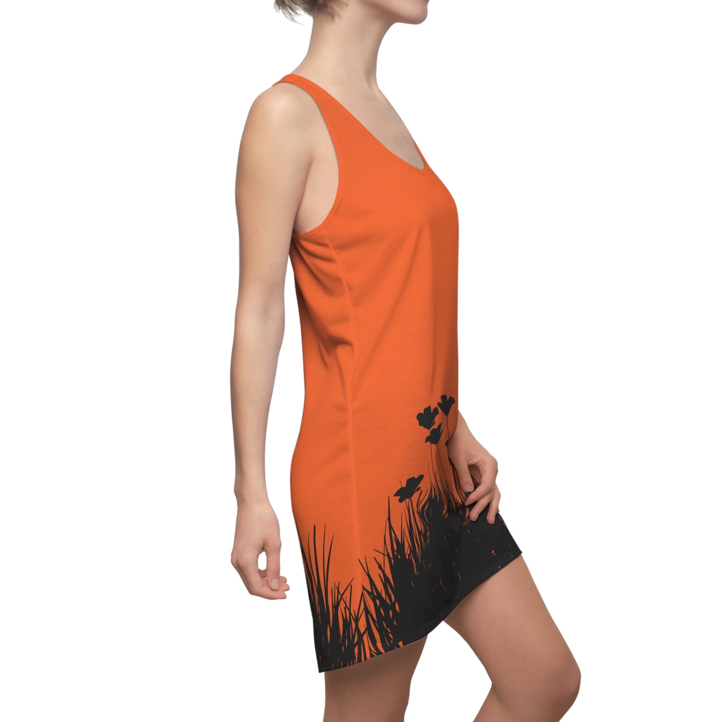 Orange Racerback Damenkleid – Botanisches Sommerkleid, Freizeitkleid