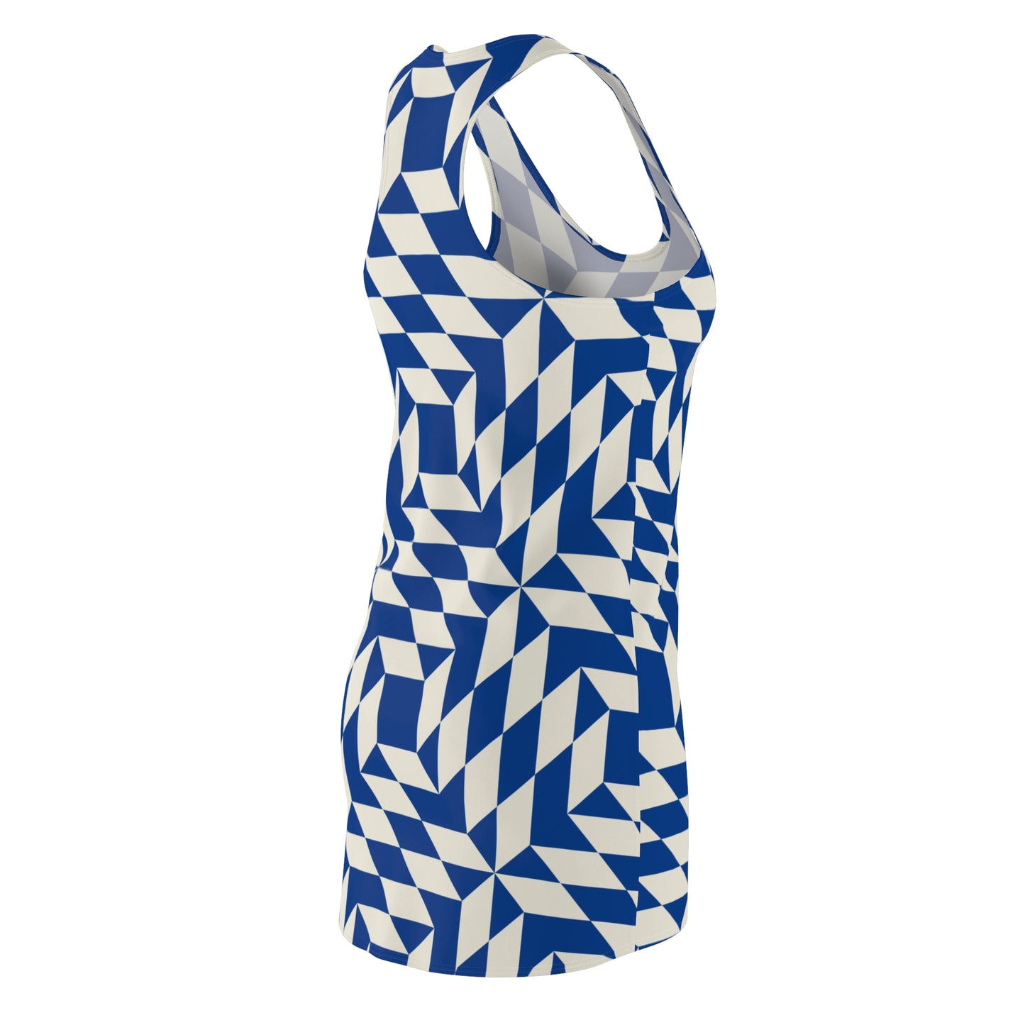 Racerback Kleid Damen – blaues Sommerkleid mit geometrischem Muster