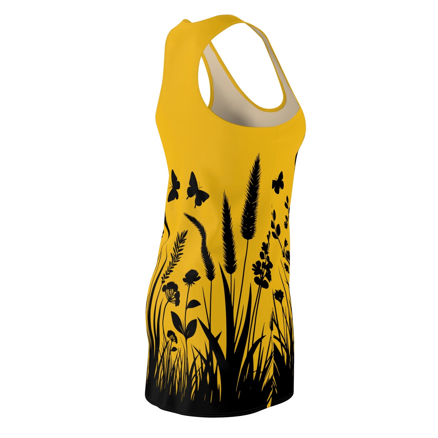 Gelbes Naturmuster Racerback Kleid – Schmetterling & Blumen Design