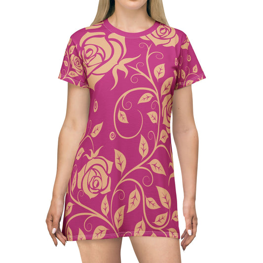 Pinkes Damen Kleid Blumen T Shirt Style Sommer Boho Casual