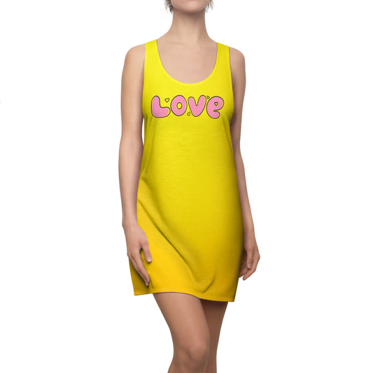 Love Print Yellow Racerback Dress – Süßes Sommerkleid, Casual Outfit, Strandmode, Damen Freizeitkleid, Trendiges Party Dress