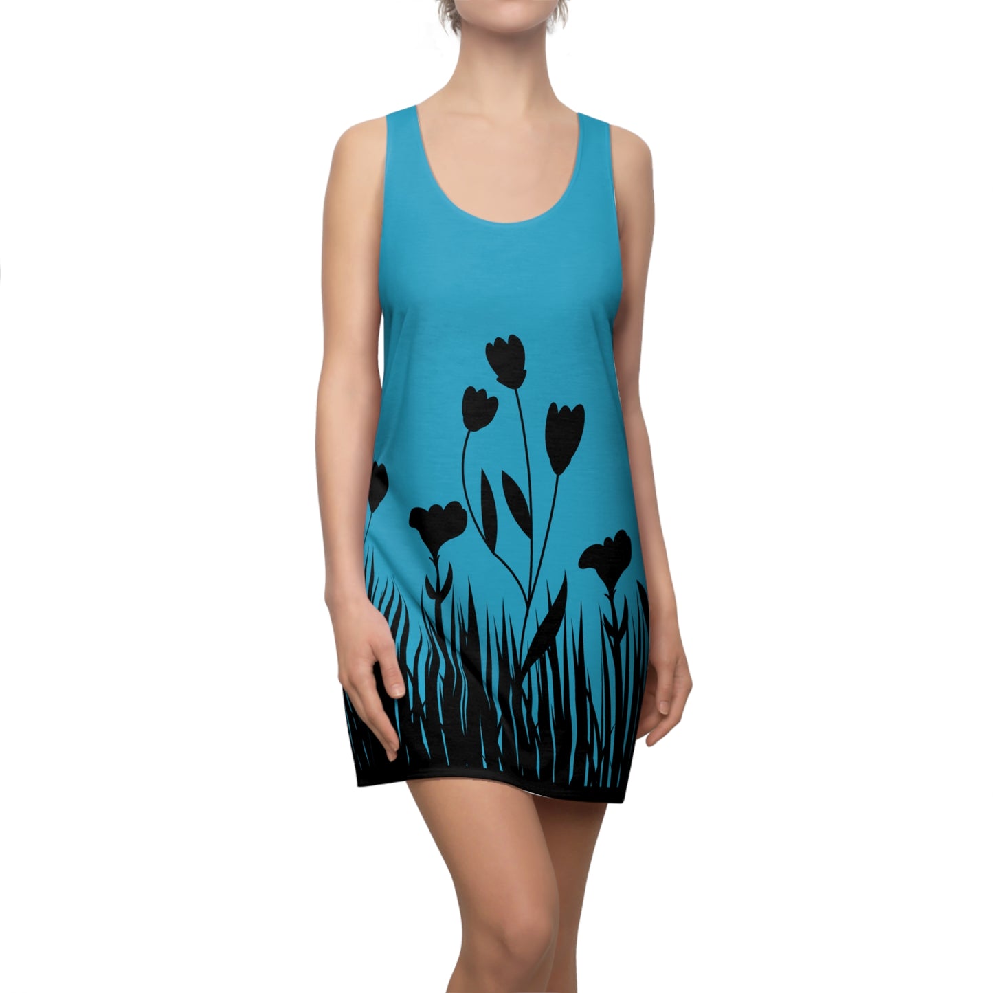 Blumensilhouette Racerback Kleid – Elegant Schwarz Türkis