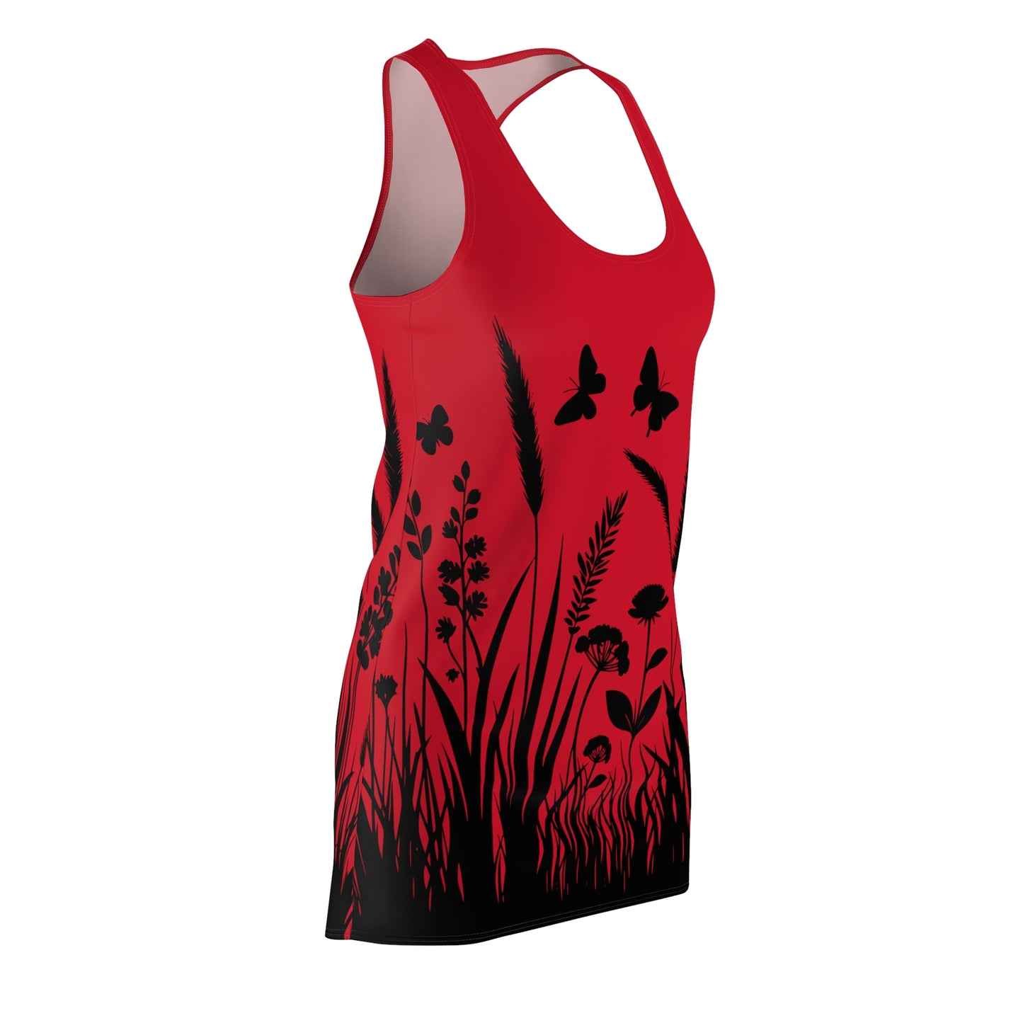 Dunkelrotes Naturmuster Racerback Kleid – Schmetterling & Blumen Design