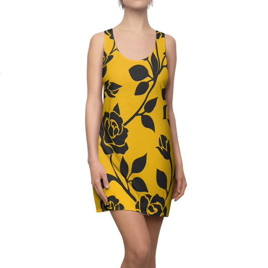 Rosen Racerback Kleid – Elegant Schwarz Gelb Design